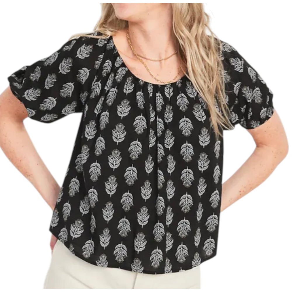 OLD NAVY Black Floral Leaf Print PUFF SLEEVE FLOWY TOP Peasant Oval Tie Back M